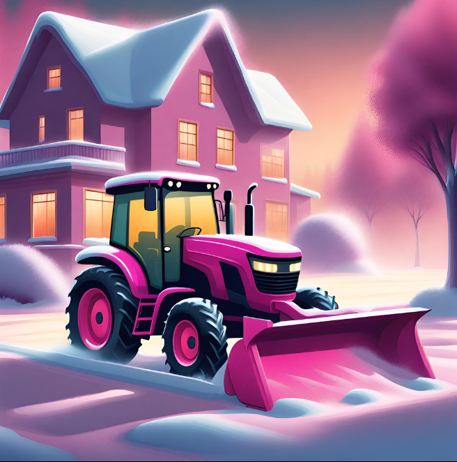 pinkki traktori ajaa lunta